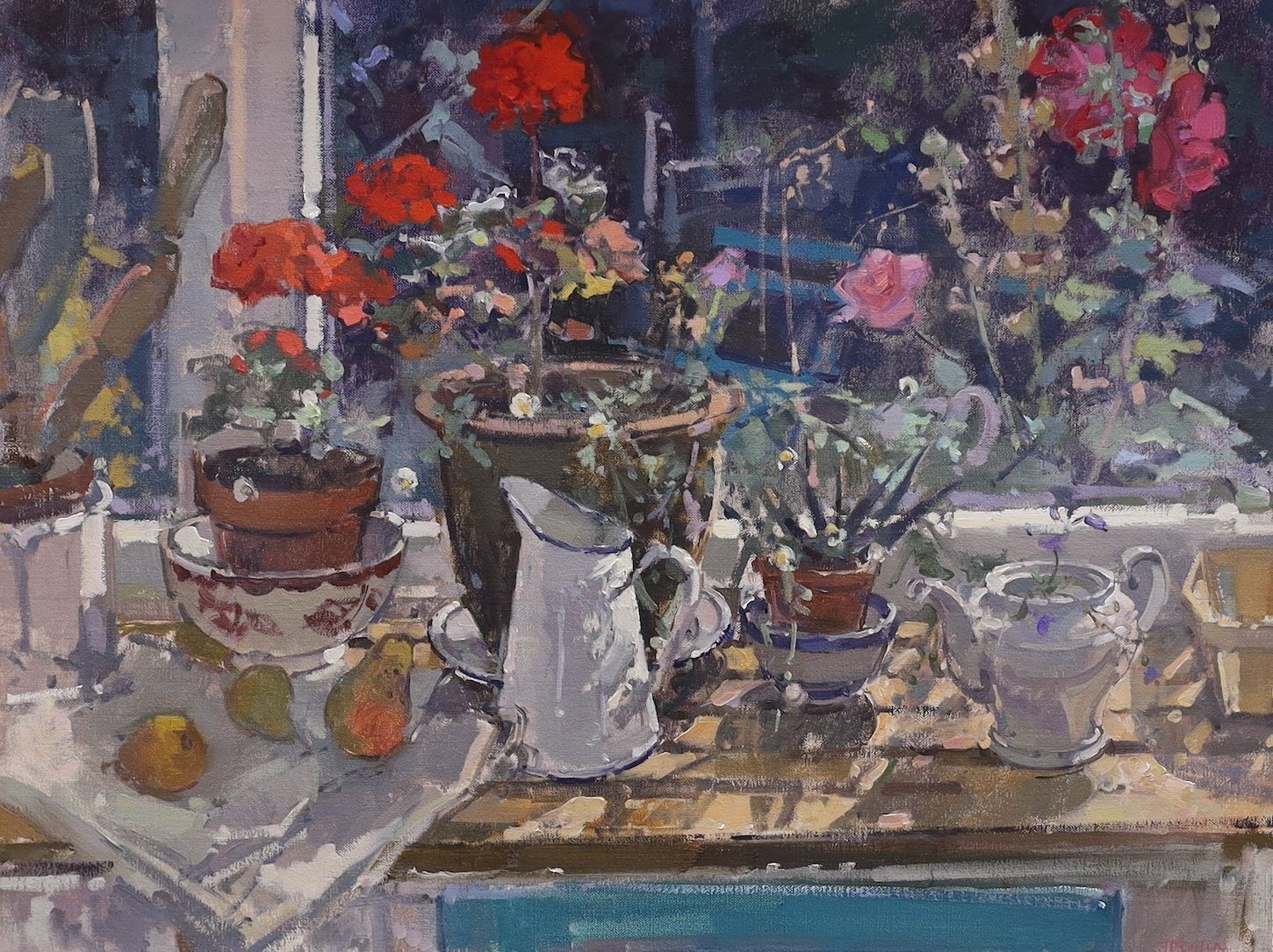 John Martin RBA (b.1957), oil, Still life of Pelargoniums on a window sill, signed, 44 x 60cm